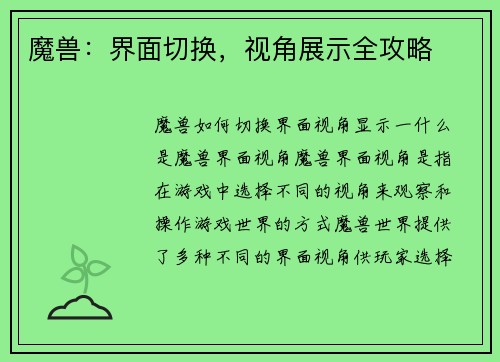 魔兽：界面切换，视角展示全攻略